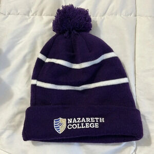 Nazareth college winter hat purple white with pom-pom